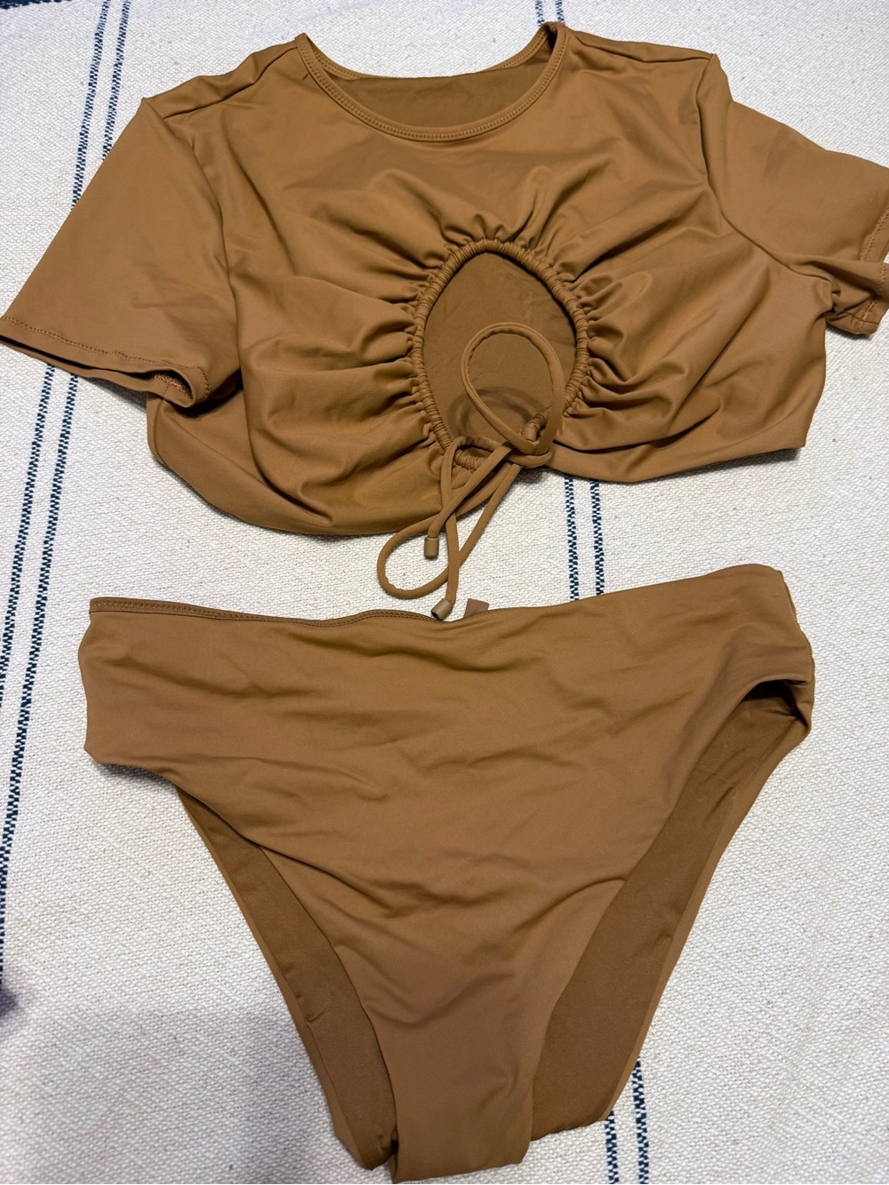 SKIMS Brown Ruched Cutout Short Sleeve Bikini Set